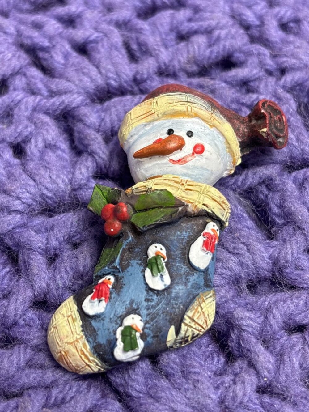 Vintage Snowman in Stocking Brooch 2 1/2"